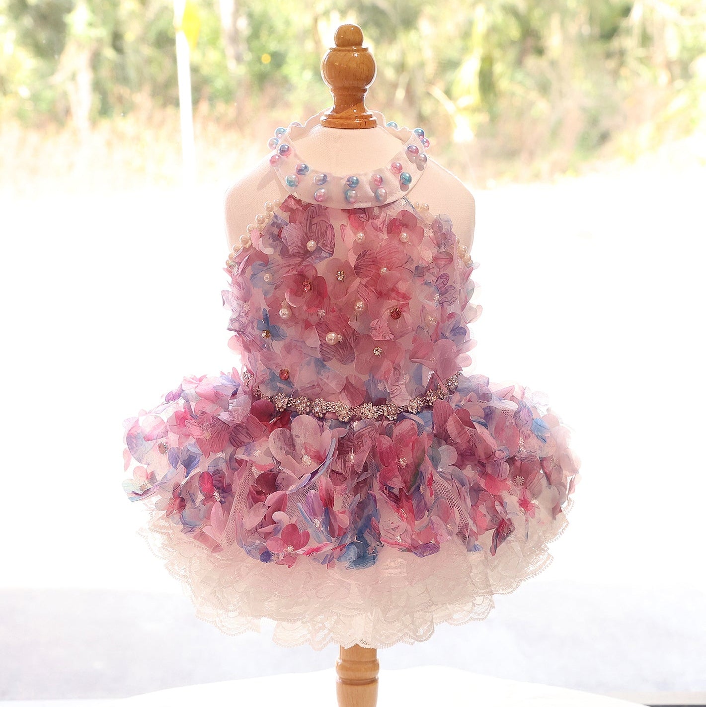 Pastel Floral Pet Dress with Pearl Collar & Lace Tutu - Party Outfit