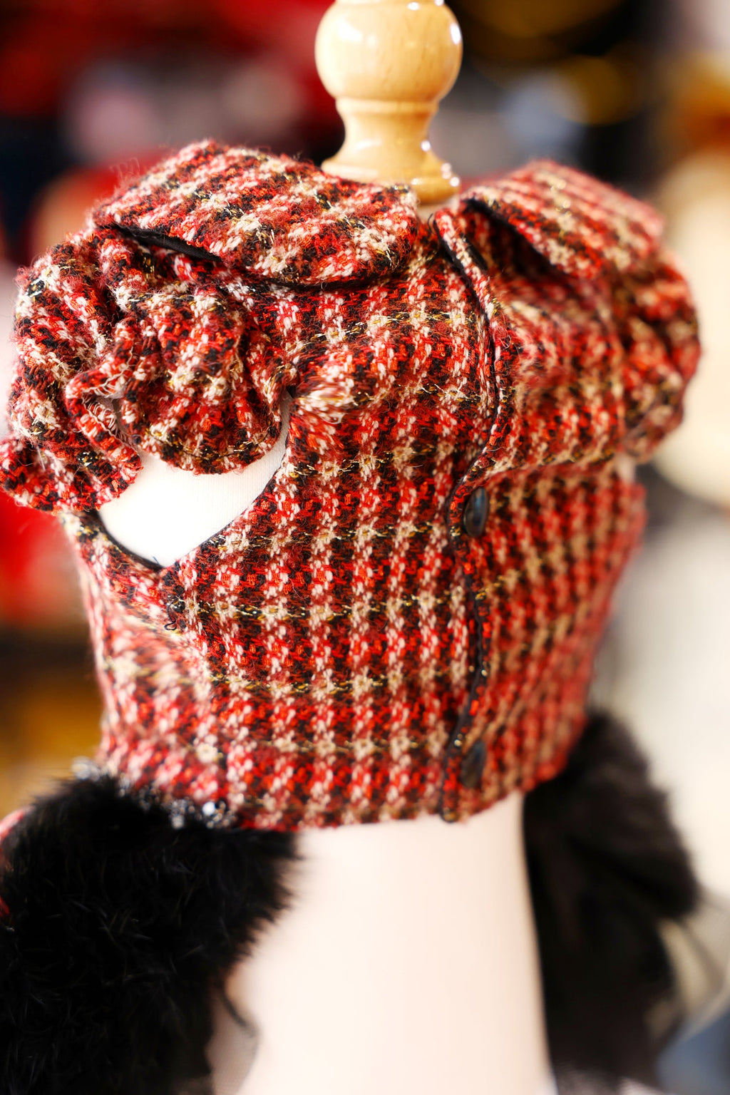 Pet Dress Classic Red Tweed  with Faux Fur Hem & Sequin Detail - Party Outfit