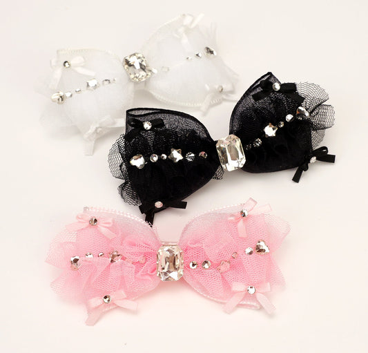 Pet Accessories Tulle Bow Hair Clip with Crystal Center Headwear - FurryTails Haven