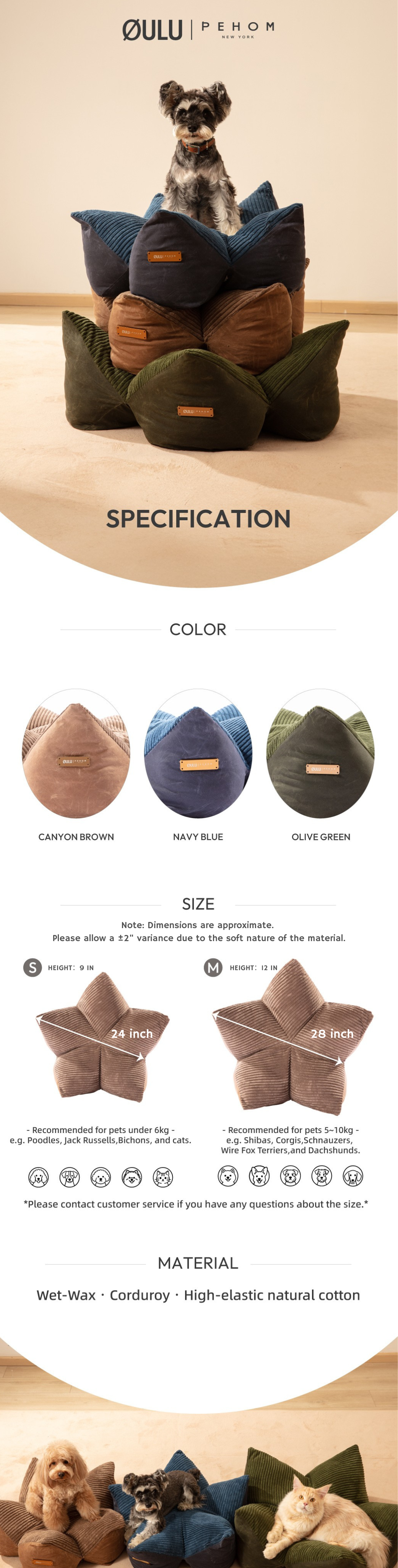 OULU X PEHOM - CUDDLE PET PILLOW BED- Navy Blue / Olive Green / Canyon Brown - FurryTails Haven