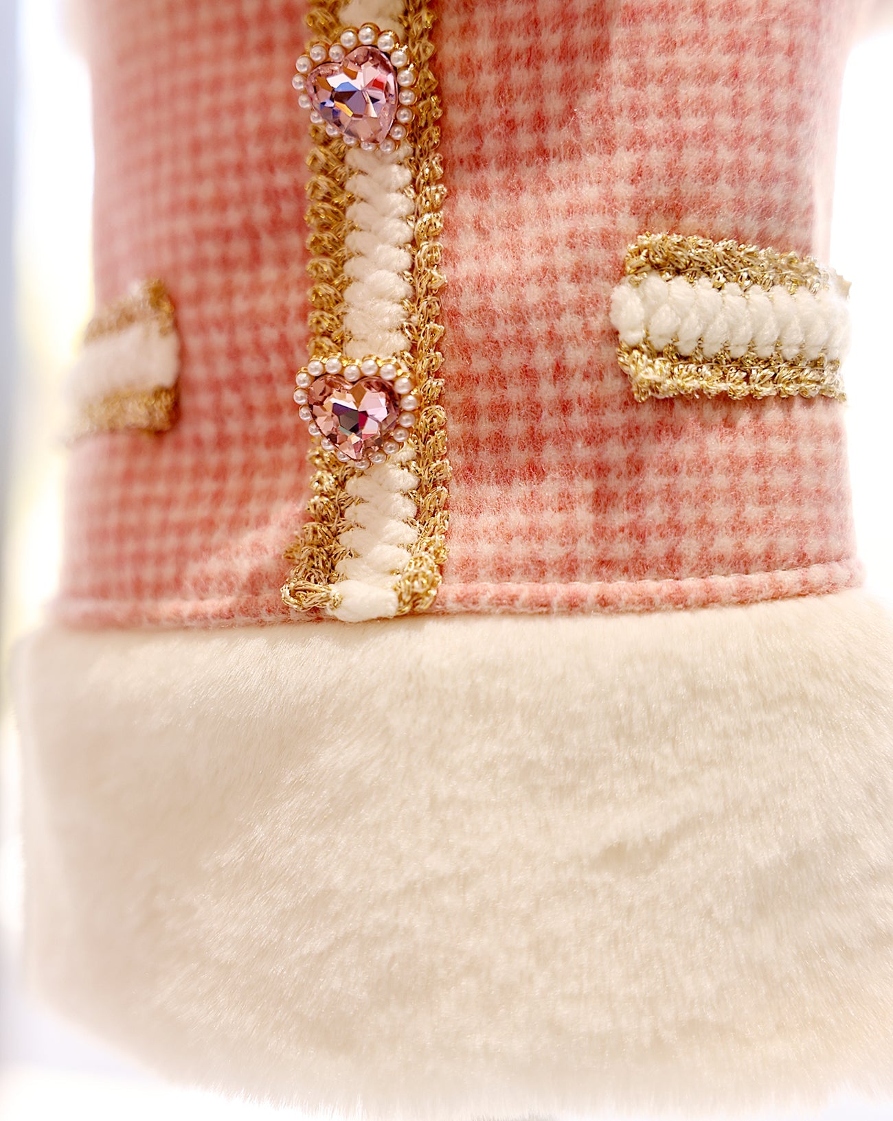 Pink Tweed Pearl Dog Coat Vest with Faux Fur Trim