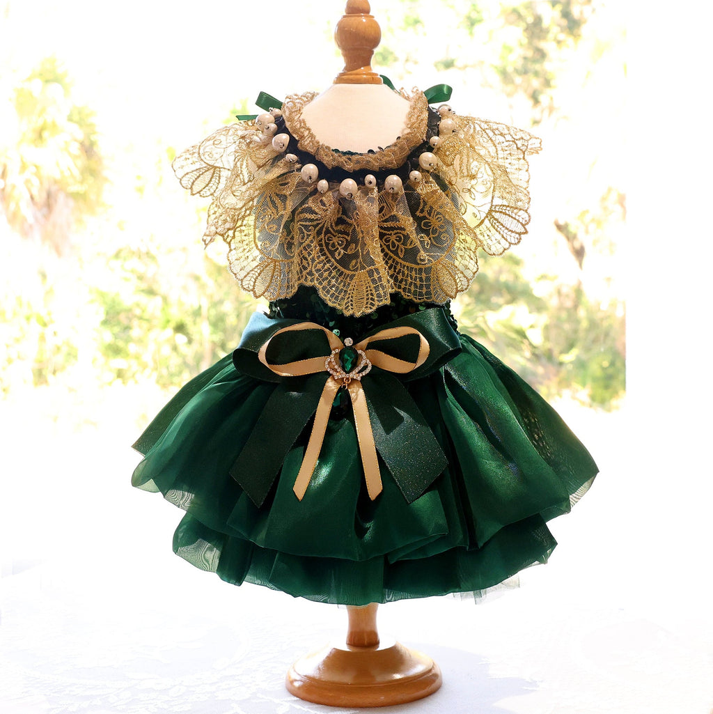 Dog Dress Green Velvet Emerald Pearl
