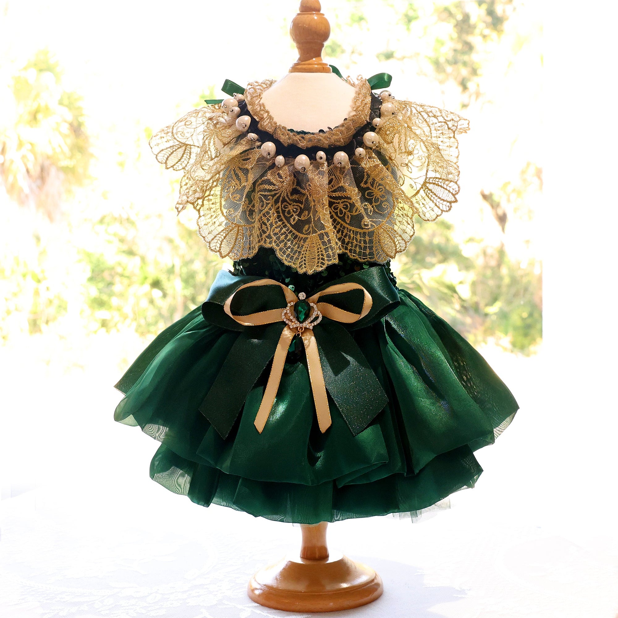 Dog Dress Green Velvet Emerald Pearl