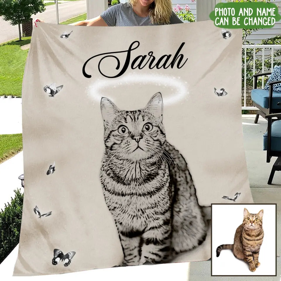 Personalized Memorial Pet Pen Art Portrait Fleece Throw Blanket - Upload Photo - Memorial Gift Idea For Dog/Cat Lover
