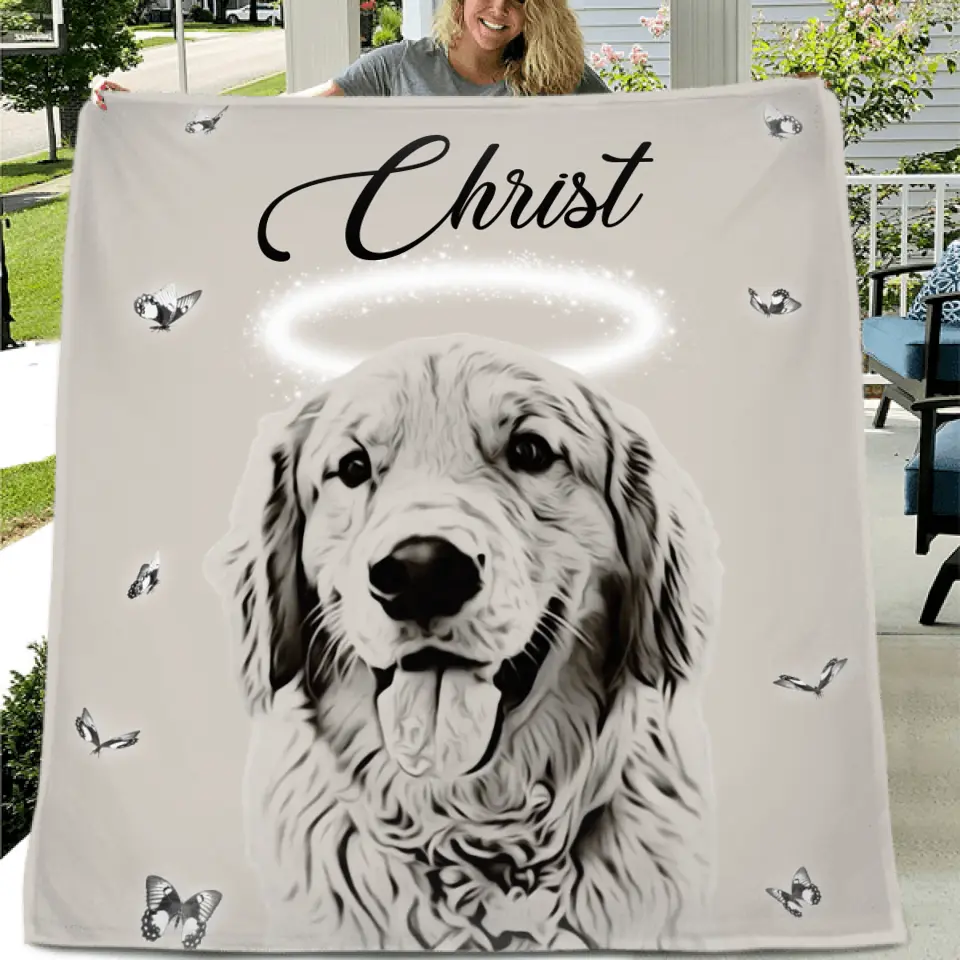 Personalized Memorial Pet Pen Art Portrait Fleece Throw Blanket - Upload Photo - Memorial Gift Idea For Dog/Cat Lover