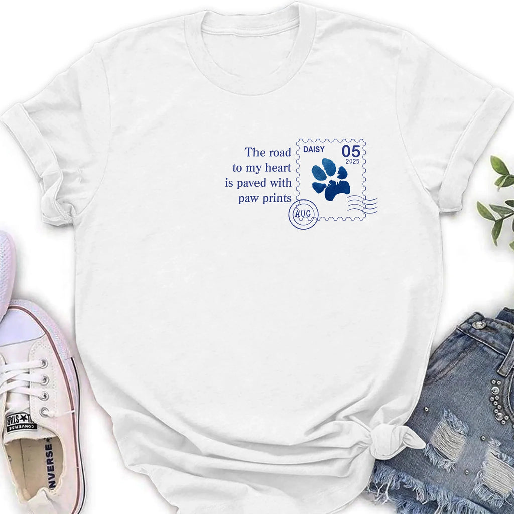 Personalized Memorial Pet Stamp Sticker Design T-shirt/Long Sleeve/Sweatshirt/Hoodie - Memorial Gift Idea For Dog Lover - The Road To My Heart Is Paved With Paw Prints