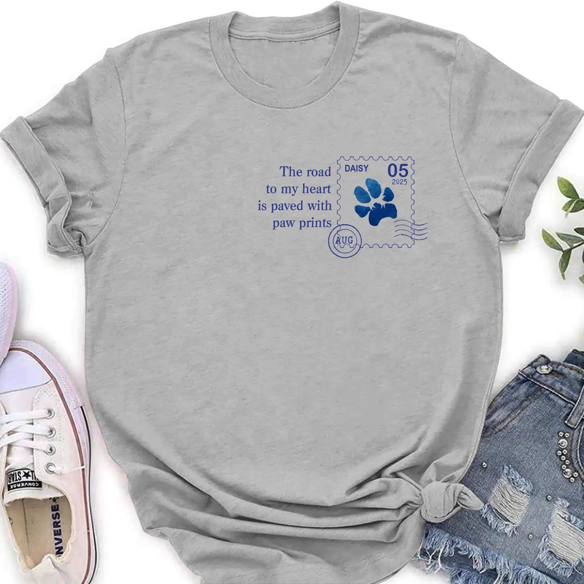 Personalized Memorial Pet Stamp Sticker Design T-shirt/Long Sleeve/Sweatshirt/Hoodie - Memorial Gift Idea For Dog Lover - The Road To My Heart Is Paved With Paw Prints