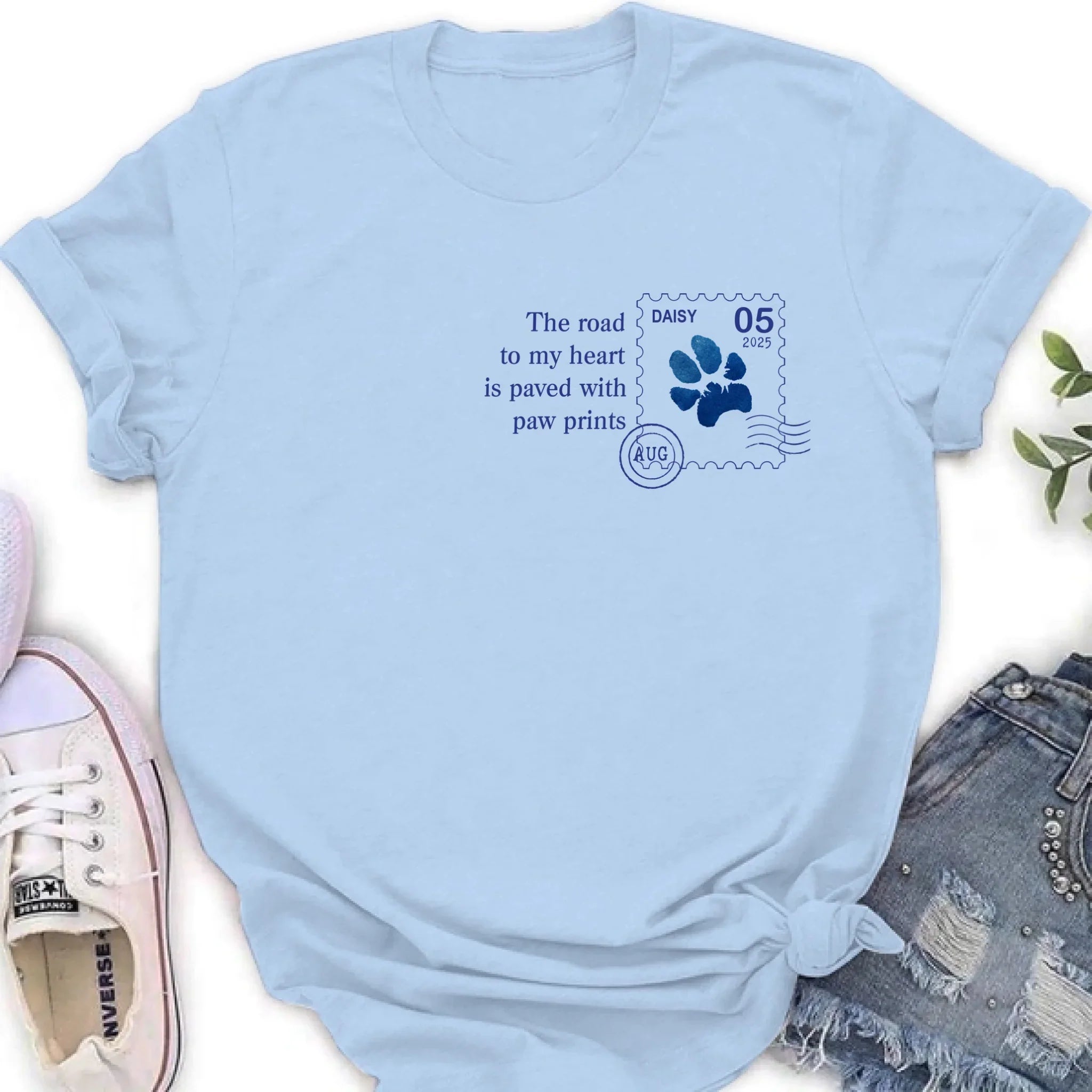 Personalized Memorial Pet Stamp Sticker Design T-shirt/Long Sleeve/Sweatshirt/Hoodie - Memorial Gift Idea For Dog Lover - The Road To My Heart Is Paved With Paw Prints