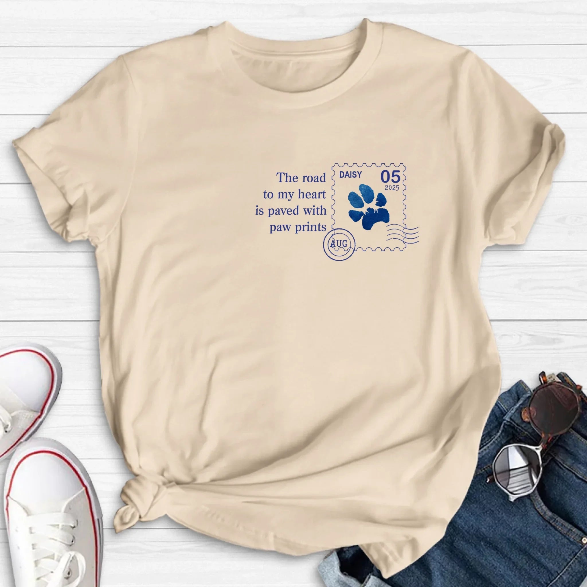 Personalized Memorial Pet Stamp Sticker Design T-shirt/Long Sleeve/Sweatshirt/Hoodie - Memorial Gift Idea For Dog Lover - The Road To My Heart Is Paved With Paw Prints
