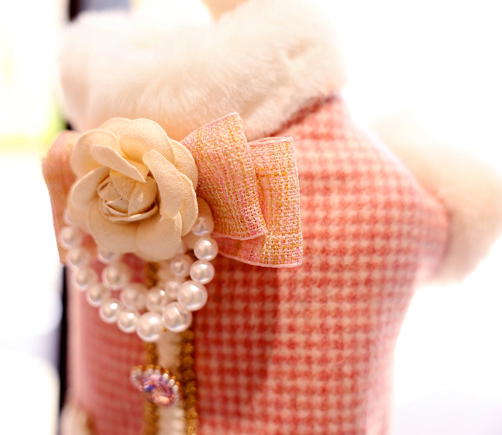 Pink Tweed Pearl Dog Coat Vest with Faux Fur Trim