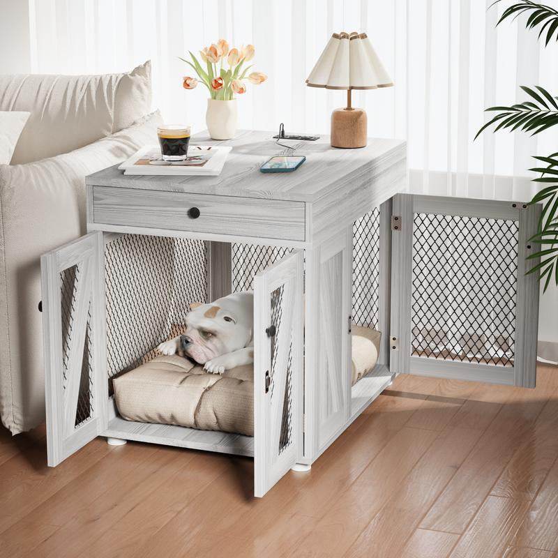 Furniture-Style Wooden Dog Crate End Table with USB Charging, Storage Drawer & Double Latch – For Medium Dogs up to 40 lbs - FurryTails Haven