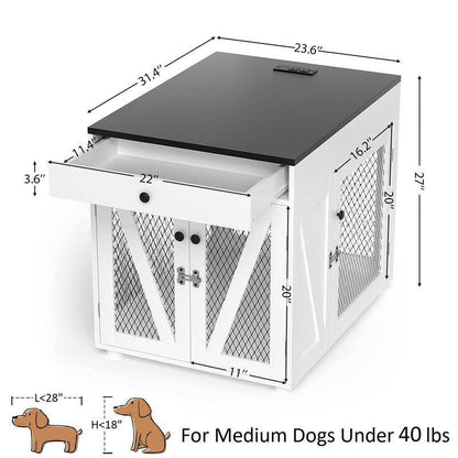 Furniture-Style Wooden Dog Crate End Table with USB Charging, Storage Drawer & Double Latch – For Medium Dogs up to 40 lbs - FurryTails Haven