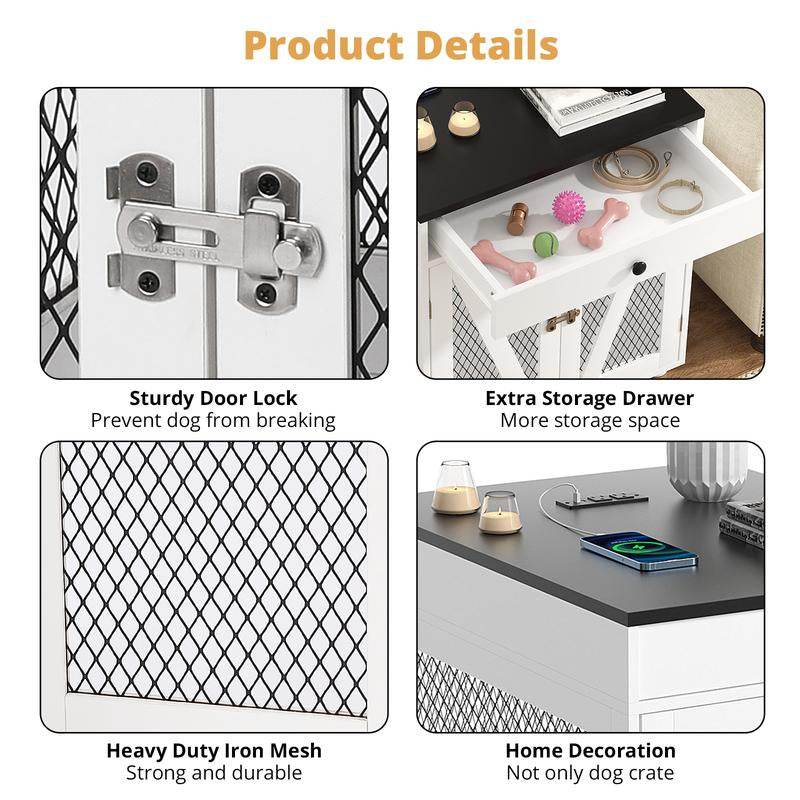Furniture-Style Wooden Dog Crate End Table with USB Charging, Storage Drawer & Double Latch – For Medium Dogs up to 40 lbs - FurryTails Haven