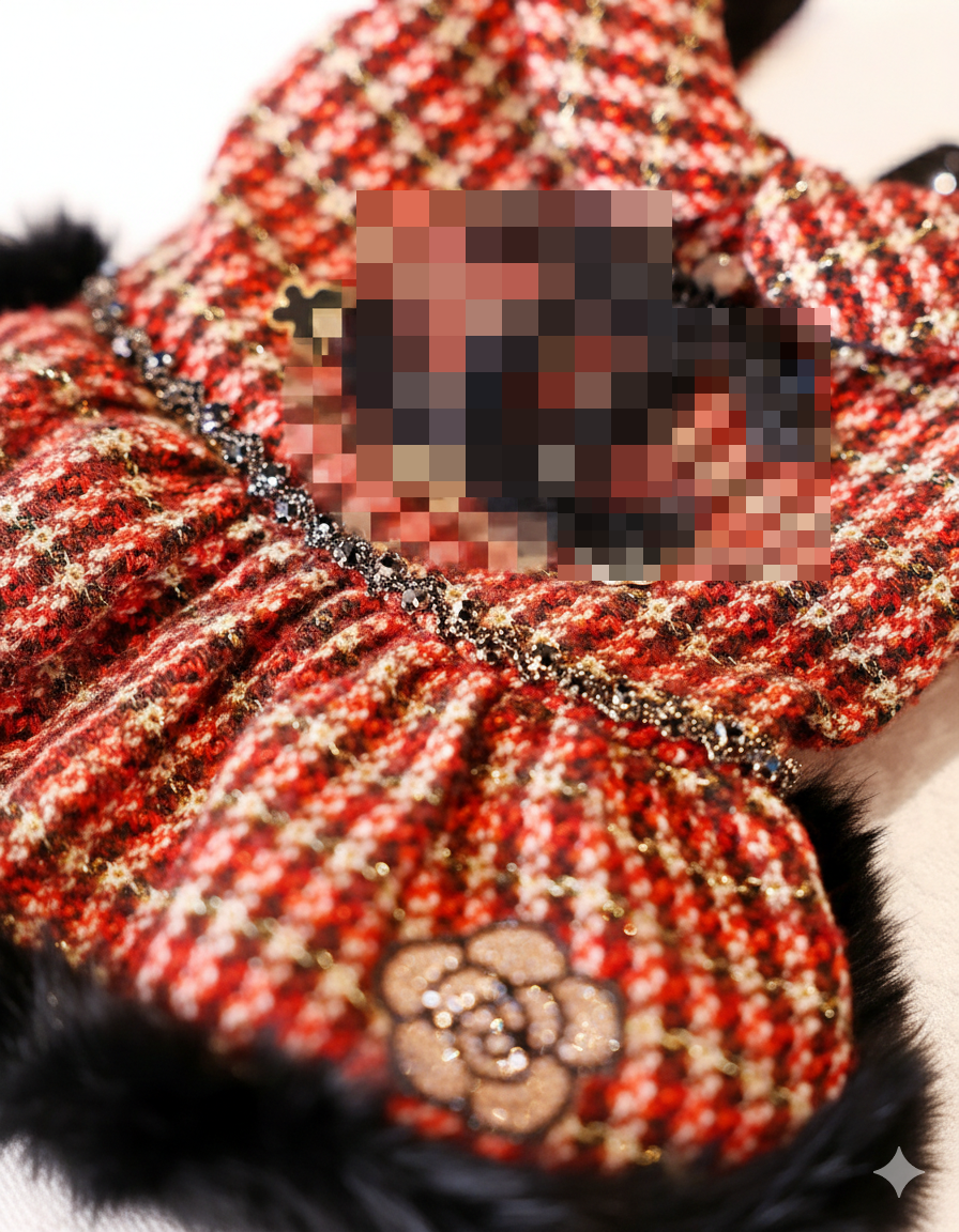 Pet Dress Classic Red Tweed  with Faux Fur Hem & Sequin Detail - Party Outfit