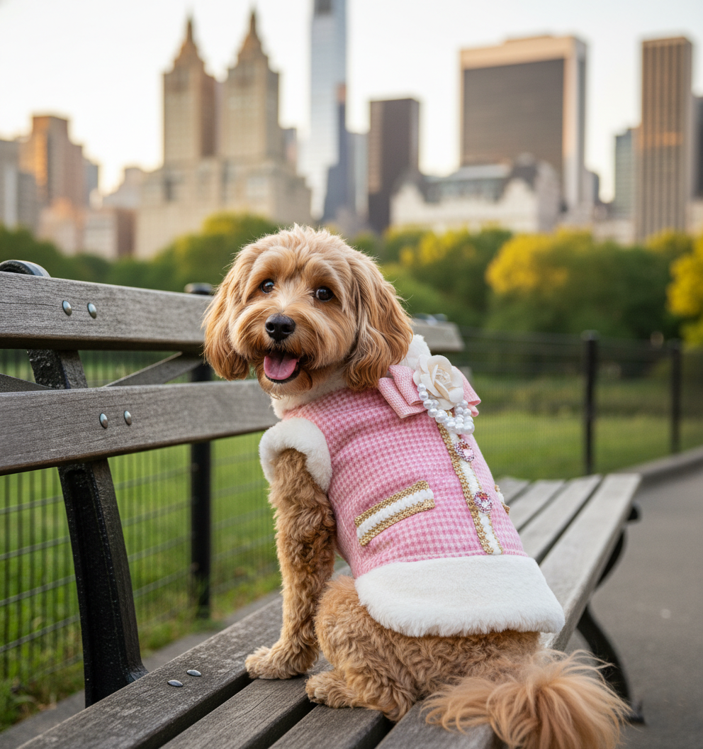 Pink Tweed Pearl Dog Coat Vest with Faux Fur Trim