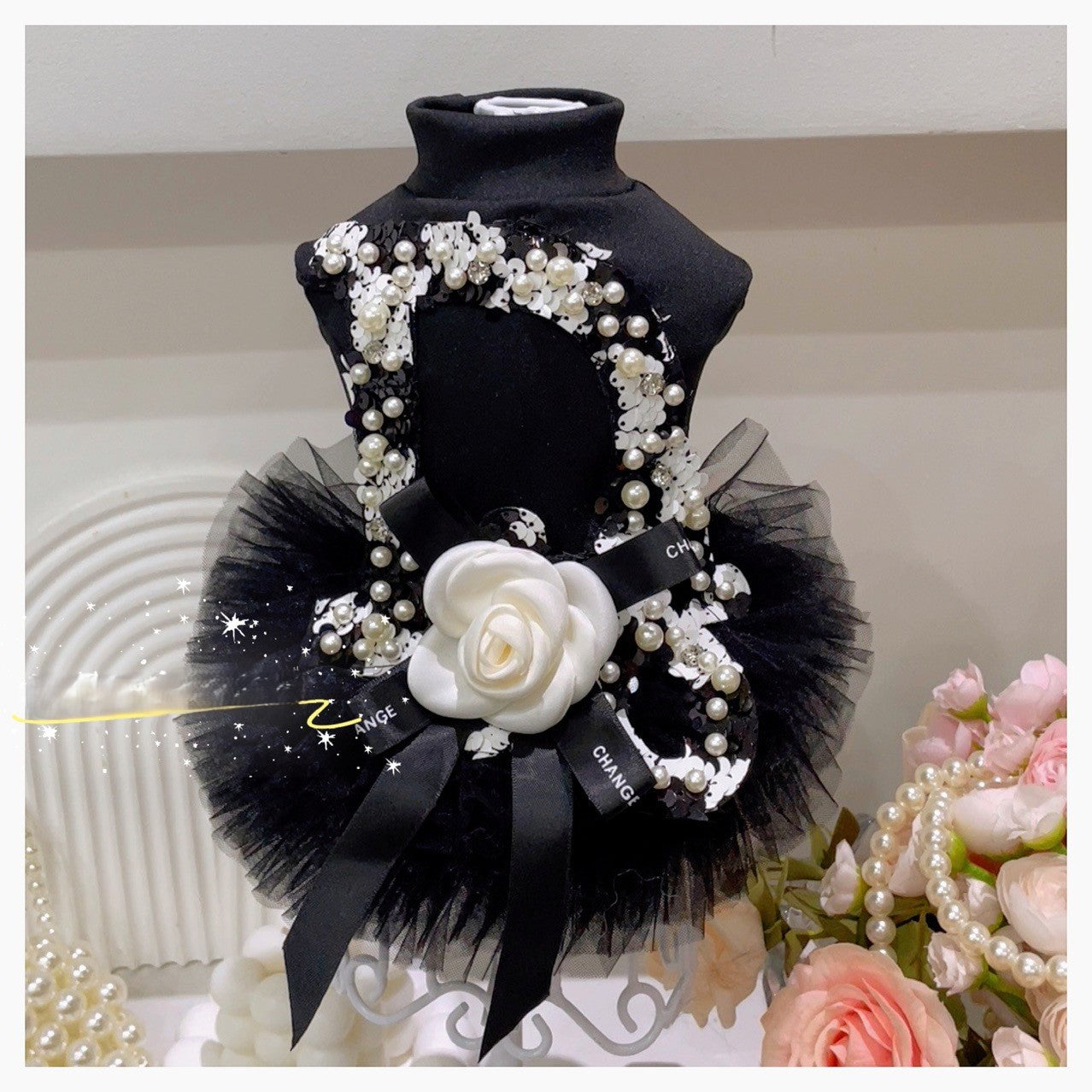 Black Pearl Sequin Pet Tutu Dress with 3D Flower - Formal Party Look