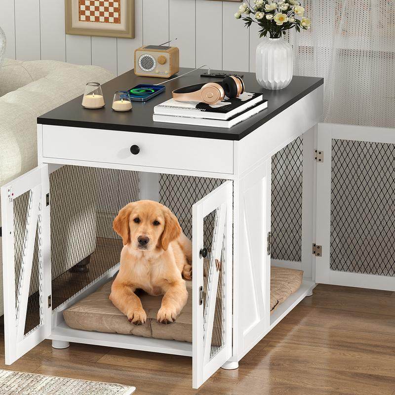 Furniture-Style Wooden Dog Crate End Table with USB Charging, Storage Drawer & Double Latch – For Medium Dogs up to 40 lbs - FurryTails Haven