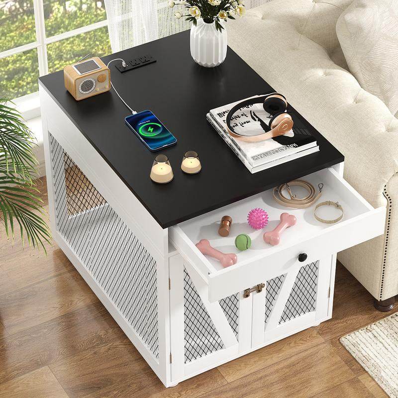 Furniture-Style Wooden Dog Crate End Table with USB Charging, Storage Drawer & Double Latch – For Medium Dogs up to 40 lbs - FurryTails Haven