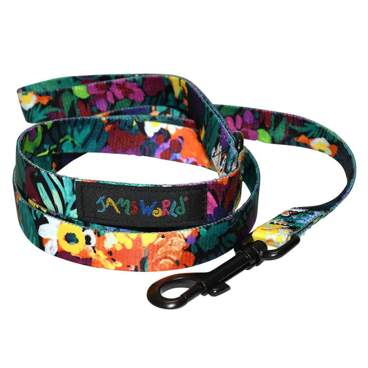 Colorful floral dog leash with metal clip and fabric tag, pet walking accessory