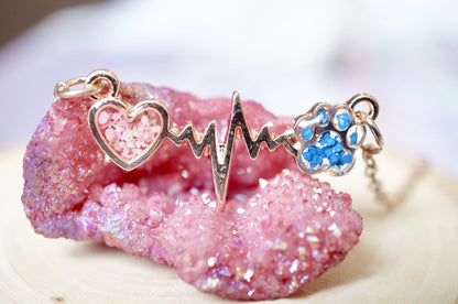 Real Pressed Flowers in Resin, Gold Dog Necklace in Blue and Pink - FurryTails Haven