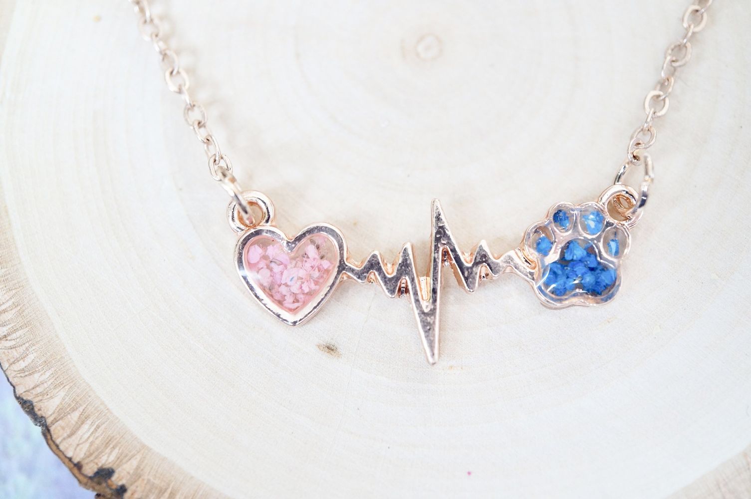 Real Pressed Flowers in Resin, Gold Dog Necklace in Blue and Pink - FurryTails Haven