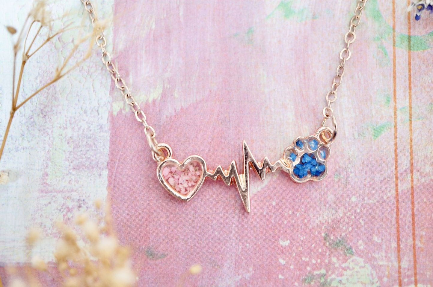 Real Pressed Flowers in Resin, Gold Dog Necklace in Blue and Pink - FurryTails Haven
