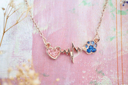 Real Pressed Flowers in Resin, Gold Dog Necklace in Blue and Pink - FurryTails Haven