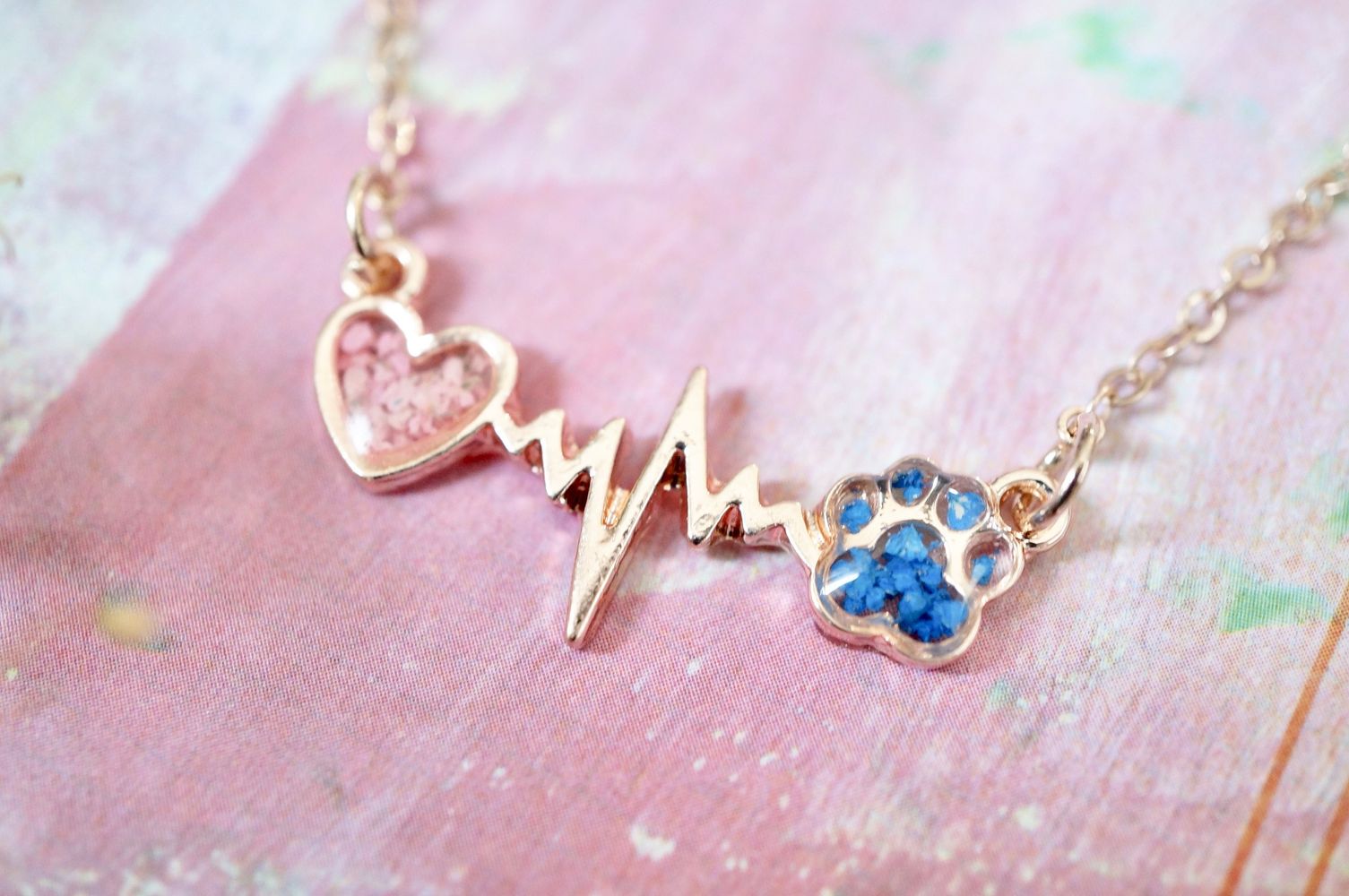 Real Pressed Flowers in Resin, Gold Dog Necklace in Blue and Pink - FurryTails Haven