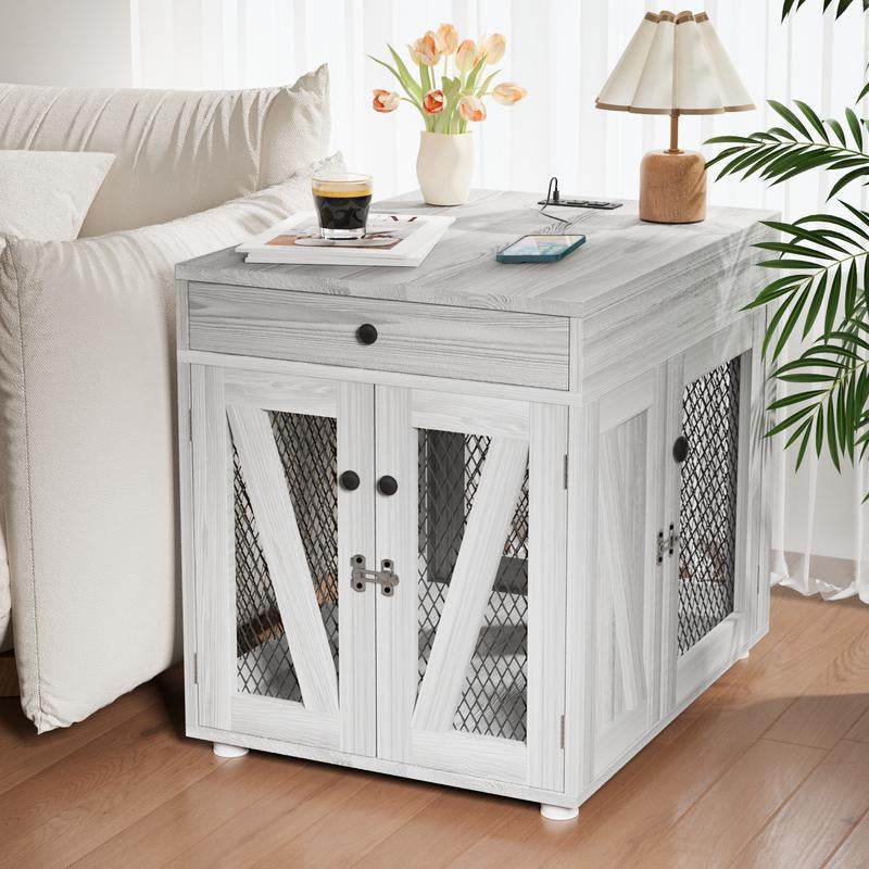 Furniture-Style Wooden Dog Crate End Table with USB Charging, Storage Drawer & Double Latch – For Medium Dogs up to 40 lbs - FurryTails Haven