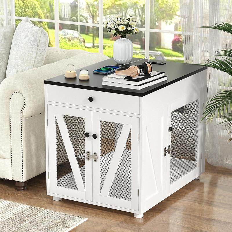 Furniture-Style Wooden Dog Crate End Table with USB Charging, Storage Drawer & Double Latch – For Medium Dogs up to 40 lbs - FurryTails Haven